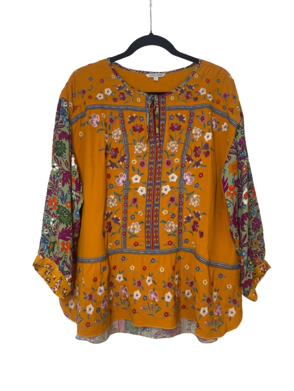 John Mark Woven Floral Embroidered Split Neck Tunic Top